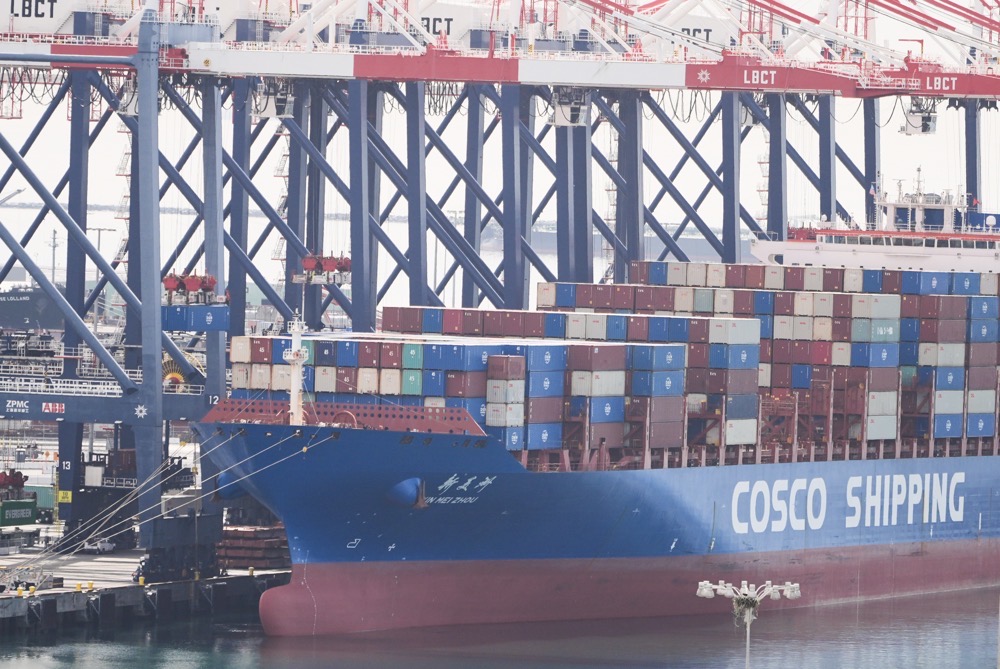 A ship is docked at the Port of Long Beach Friday, Feb. 20, 2026, in Long Beach, Calif. (AP)