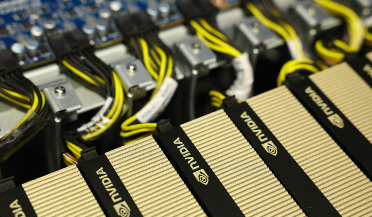 NVIDIA components are displayed at the GTC Paris NVIDIA stand at the VivaTech technology startups and innovation fair at the Paris Expo Porte de Versailles, in Paris on June 12, 2025. (AFP)