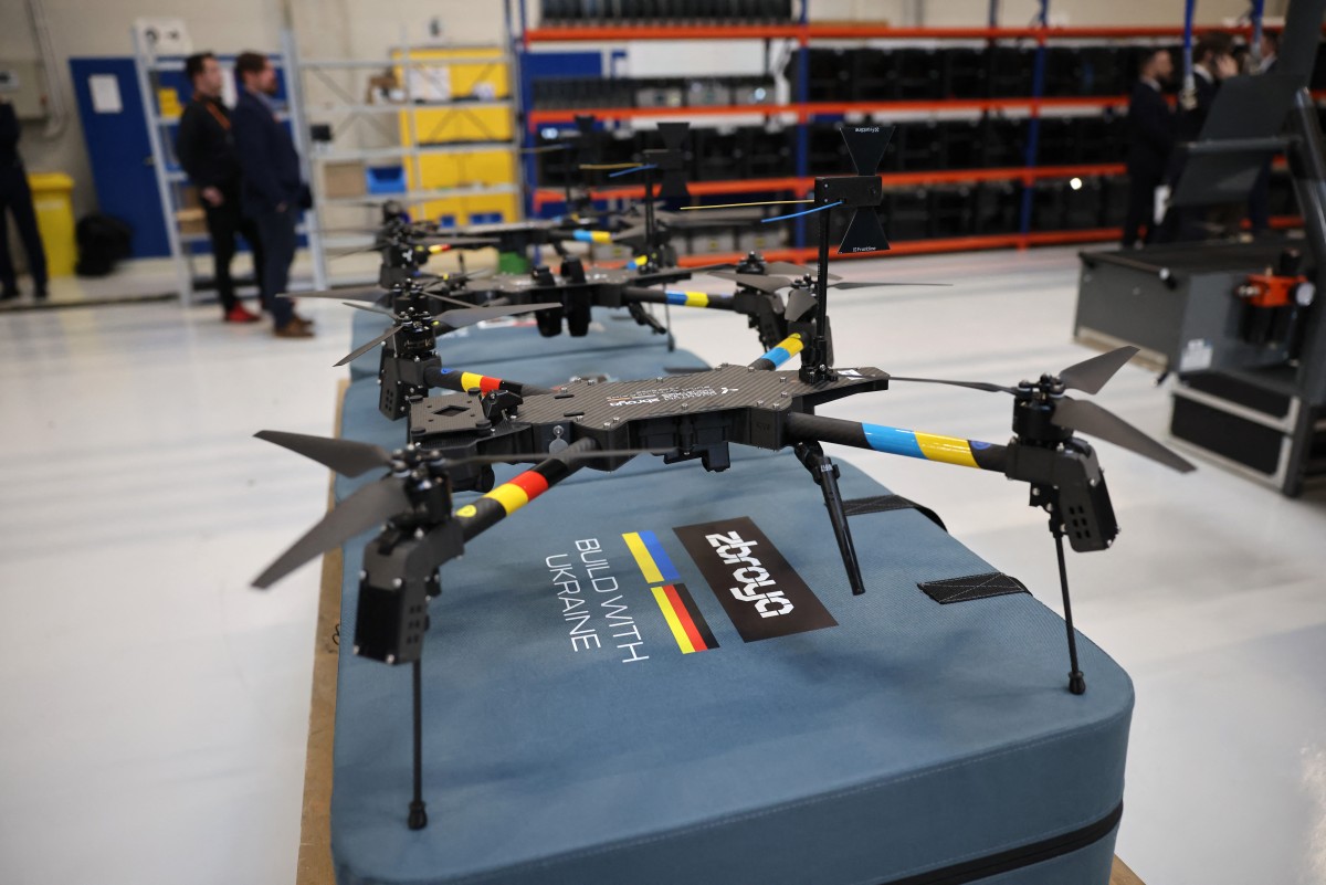 Drones are decorated in the colors of Ukraine and Germany, pictured during a visit of the Ukrainian President and the German Defence Minister at the production facility of drone producing company Quantum Frontline Industries (QFI) in Gilching near Munich, southern Germany. (AFP)
