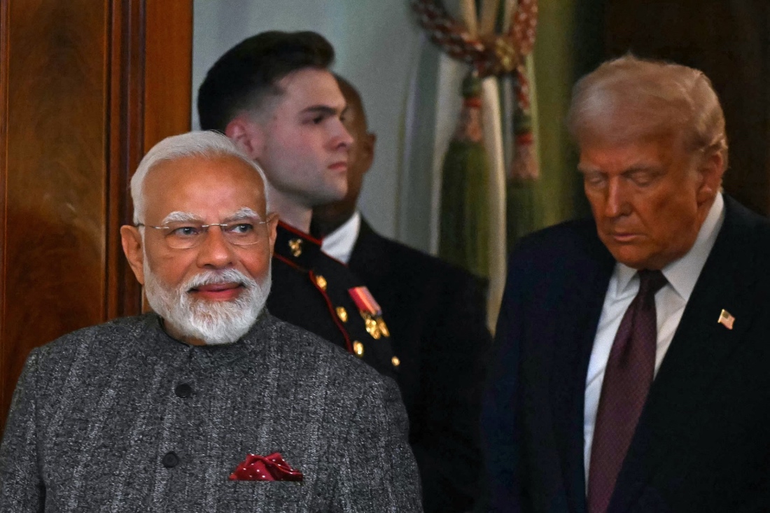 US President Donald Trump and Indian Prime Minister Narendra Modi arrive to hold a joint press conference in the East Room of the White House in Washington, DC, US. (AFP)