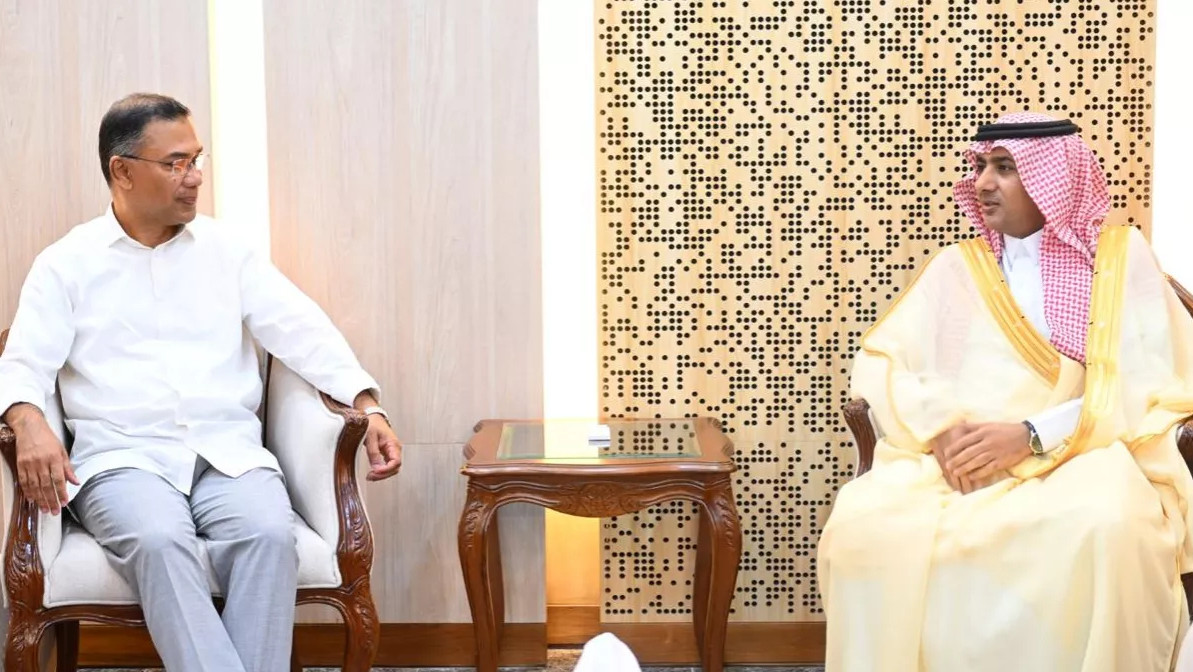 Bangladeshi Prime Minister Tarique Rahman receives Saudi Ambassador Abdullah bin Abiyah at his office in Dhaka, Feb. 22, 2026. (Press Information Department)