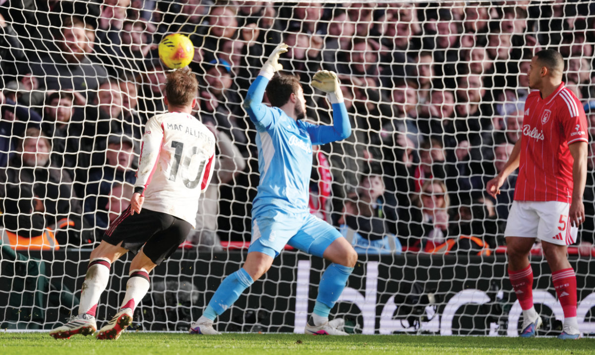 Alexis Mac Allister scores his side’s only goal during their match against Nottingham Forest and Liverpool in Nottingham on Sunday. The Reds are sixth in the table on 45 points. (AP)