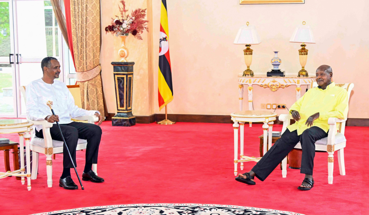 In this hand out picture courtesy of the Ugandan State House, Uganda’s President Yoweri Museveni (R) meets with Sudan’s Rapid Support Forces (RSF) military chief Mohamed Hamdan Dagalo Musa (L) during a bilateral meeting at State House in Entebbe on February 20, 2026. (AFP)