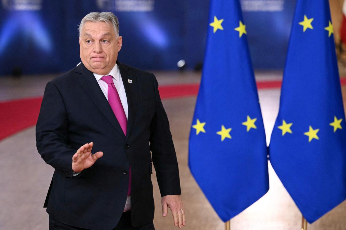 Hungary’s Prime Minister Viktor Orban reacts as he arrives to attend the European Council meeting in Brussels, Dec. 18, 2025. (NICOLAS TUCAT / AFP)
