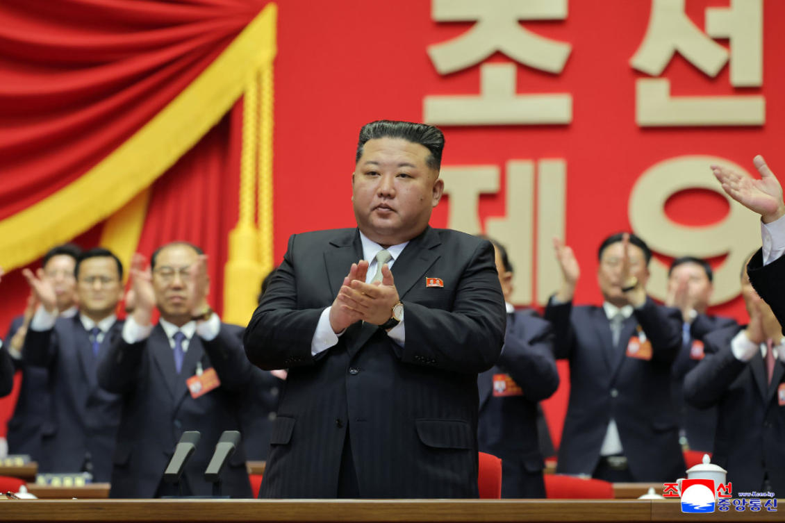 North Korean leader Kim Jong Un applauds as he was re-elected to the top post of the ruling Workers' Party, during the party's Congress in Pyongyang, on Feb. 22, 2026. (Korean Central News Agency/Korea News Service via AP)