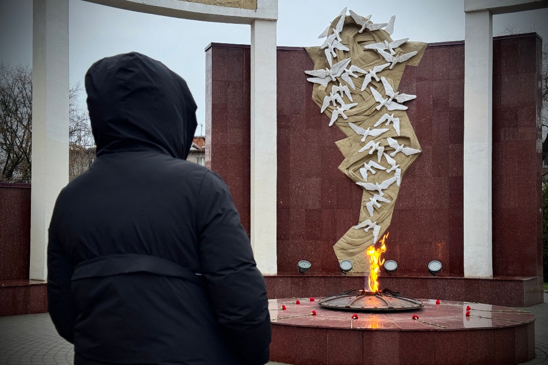 The 48-year-old Ukrainian living in Russia for 20 years, Maria (whose name has been changed to protect her identity) visits a World War Two memorial in the Moscow region. (AFP)