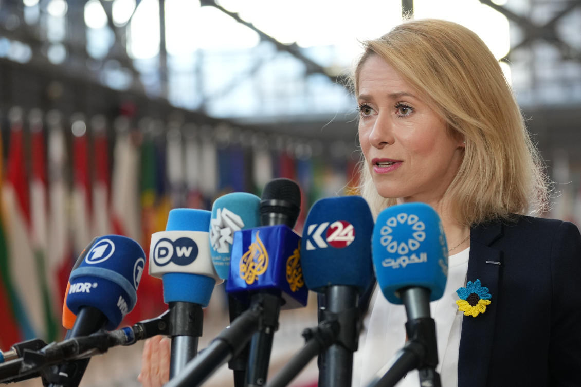 European Union foreign policy chief Kaja Kallas speaks with the media as she arrives for a meeting of EU foreign ministers at the European Council building in Brussels, Monday, Feb. 23, 2026. (AP Photo/Virginia Mayo)