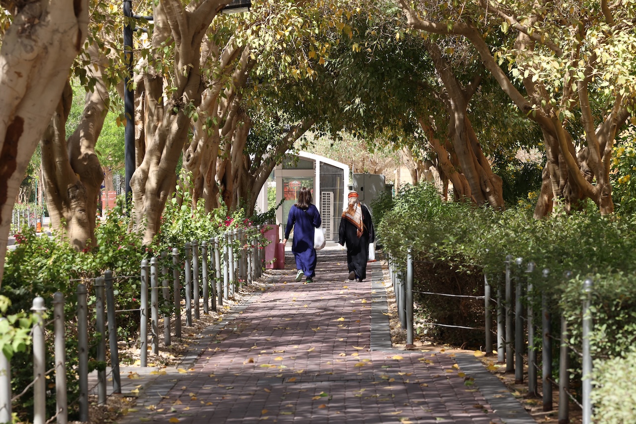 File photo of women walking in the shade of trees on a sidewalk in the Saudi capital Riyadh. (AFP)