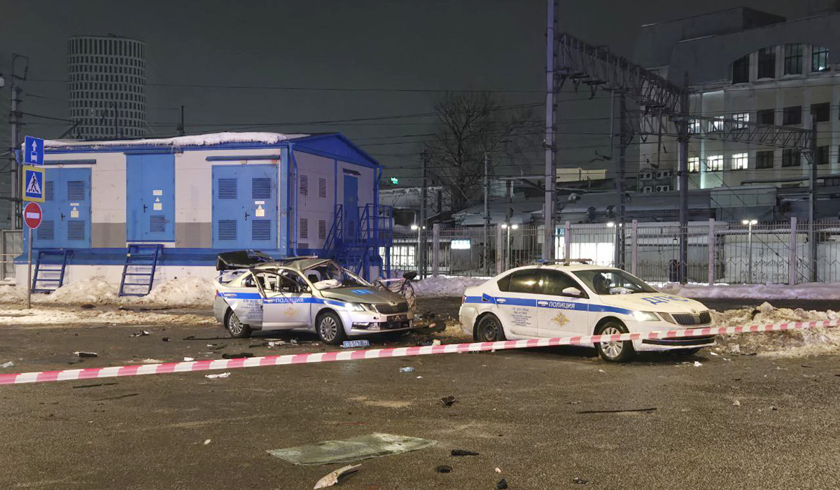 This handout photograph taken and released by the Russian Investigative Committee on February 24, 2026 shows the site of a police car explosion in Moscow. (AFP)