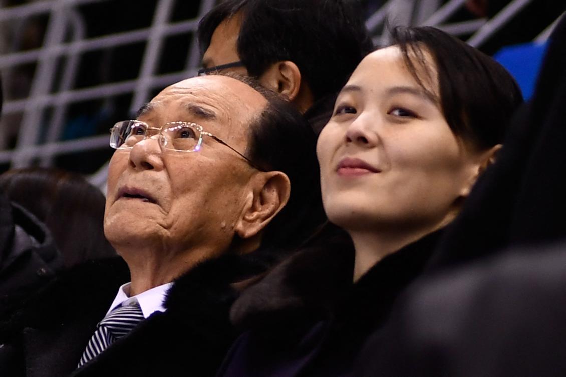 North Korean leader Kim Jong Un's sister Kim Yo Jong (R) and North Korea's ceremonial head of state Kim Yong Nam attend the women's preliminary round ice hockey match between Switzerland and the Unified Korean team during the Pyeongchang 2018 Winter Olympic Games at the Kwandong Hockey Centre in Gangneung on February 10, 2018. (Photo by Brendan Smialowski / AFP)