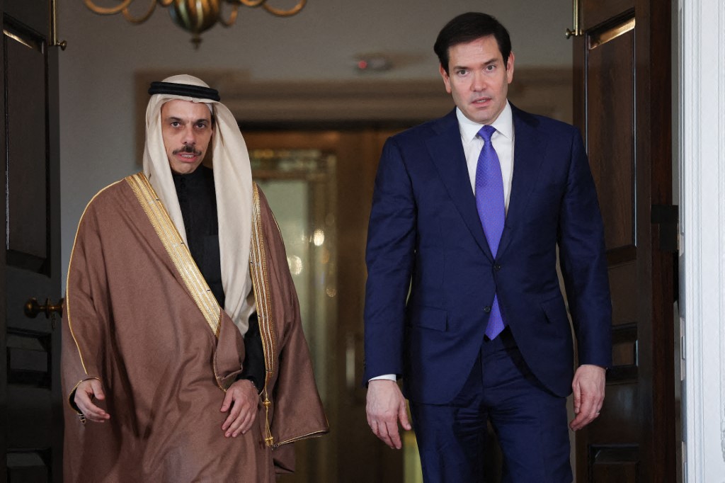 US Secretary of State Marco Rubio talks with Saudi Arabian Foreign Minister Faisal bin Farhan Al-Saud as they walk to a photo opportunity at the State Department January 7, 2026 in Washington, DC. The two were scheduled to meet to discuss a range of bilateral issues. (AFP)