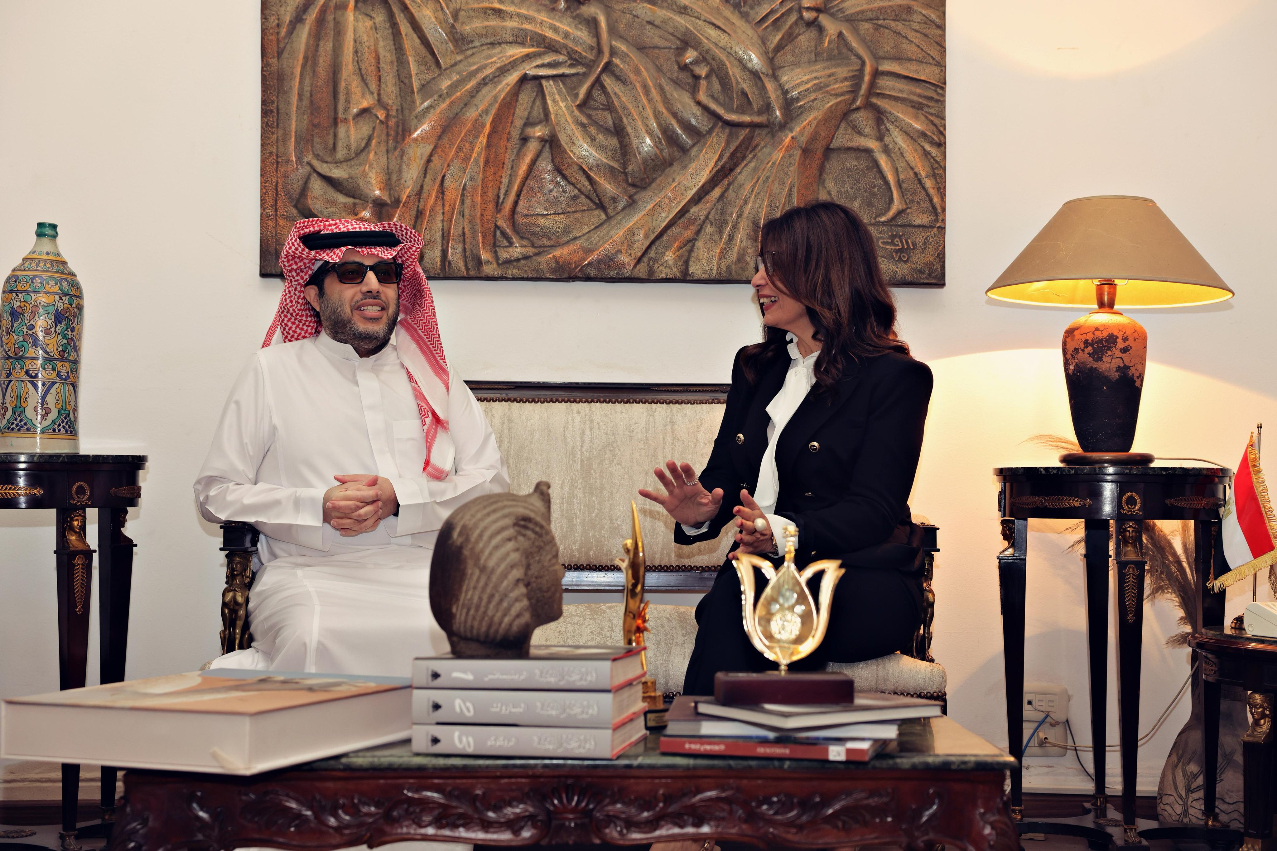 Saudi Arabia's General Entertainment Authority Chairman Turki Alalshikh meets with Egyptian Minister of Culture Jehan Zaki in Cairo. (X/@Turki_alalshikh)