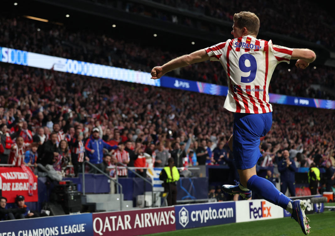 Atletico Madrid’s Alexander Sorloth celebrates scoring their fourth goal and completes his hat-trick during their UEFA Champions League — Play Off — Second Leg match against Club Brugge — Riyadh Air Metropolitano, Madrid, Spain — Feb. 24, 2026. (Reuters)