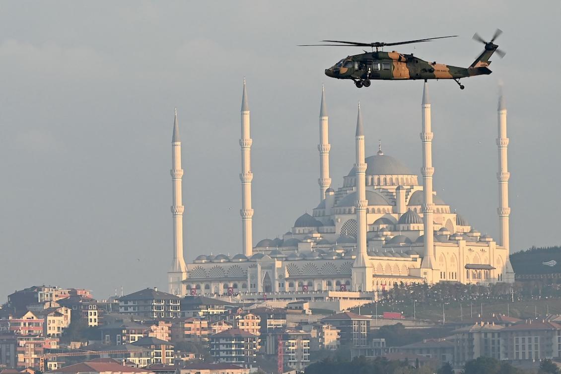 Turkish airforce Sikorsky helicopter performs a military parade over the Bosphorus as Camlica mosque is seen in the background to mark the 100th anniversary of Turkish Republic in Istanbul on October 29,2023. (FILE/AFP)