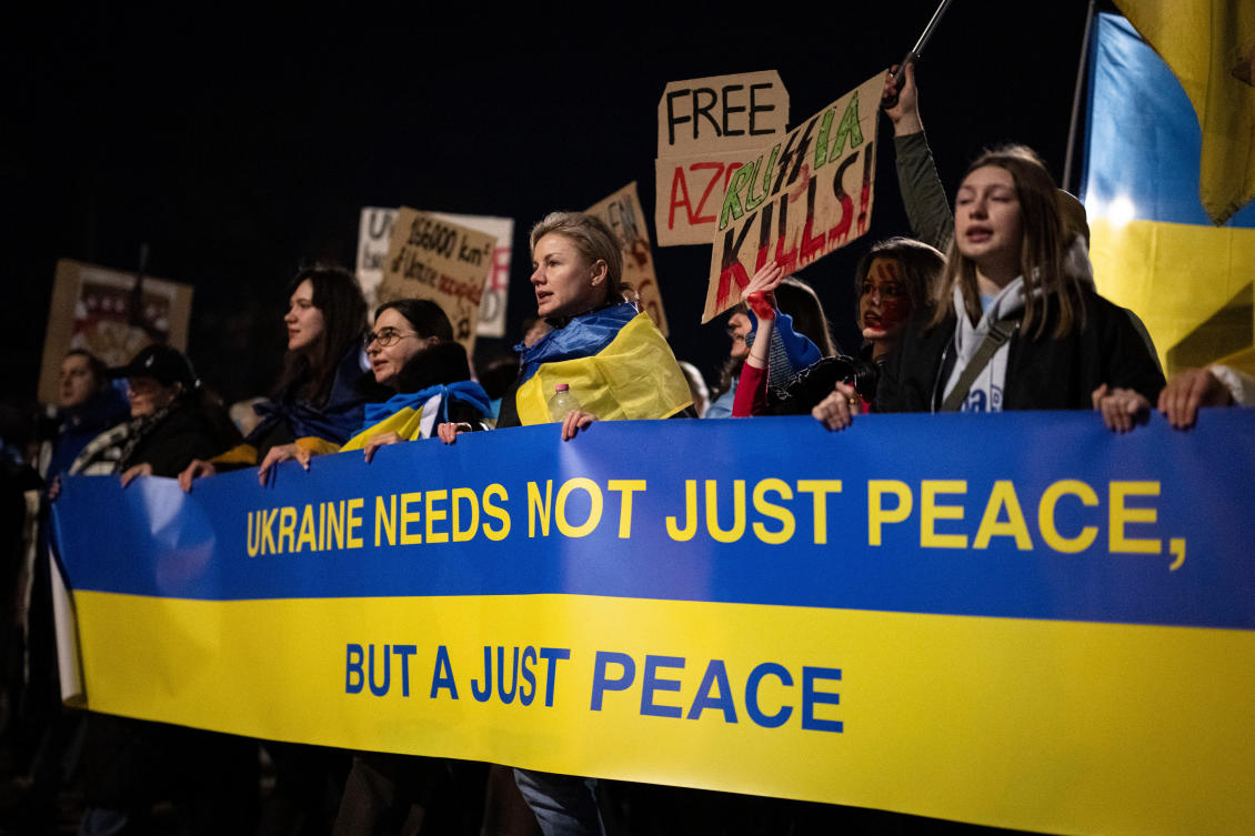 People take part in a protest in Zurich to mark the fourth year anniversary of the Russian invasion of Ukraine, Feb. 24, 2026. (AP)
