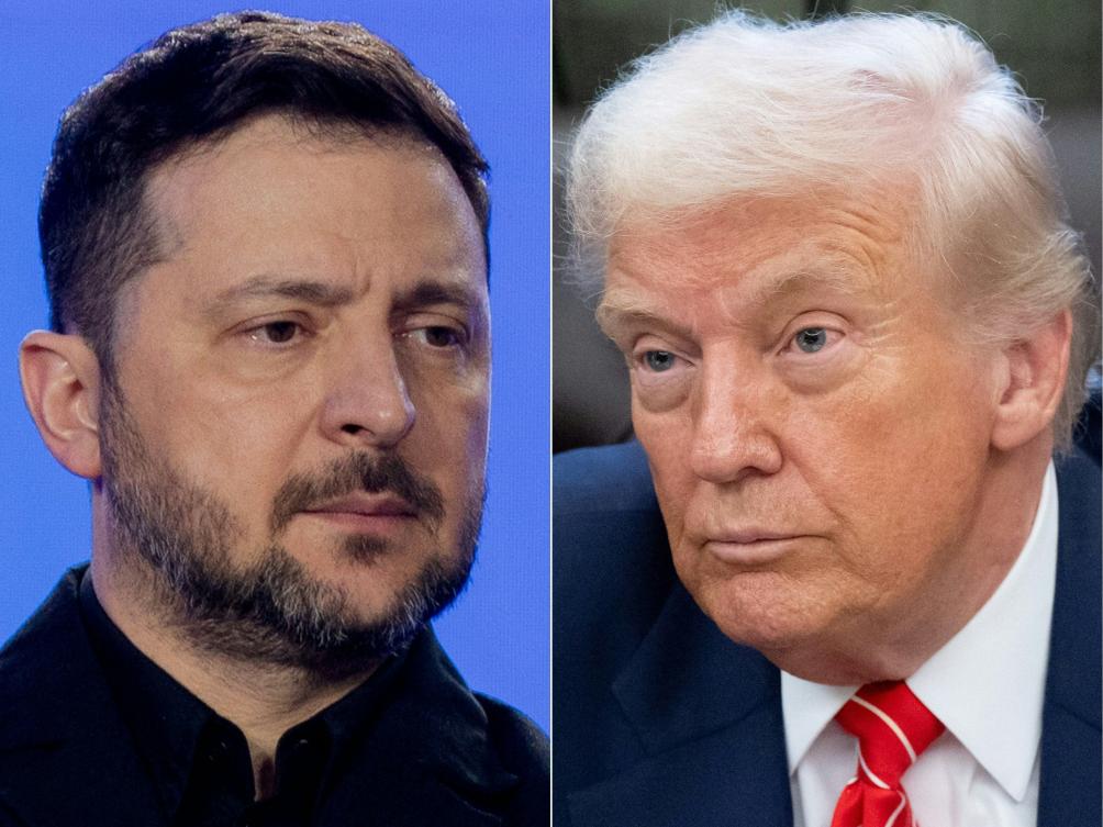 This combination of pictures created on Feb. 25, 2026 shows Ukraine’s President Volodymyr Zelensky and US President Donald Trump. (AFP)