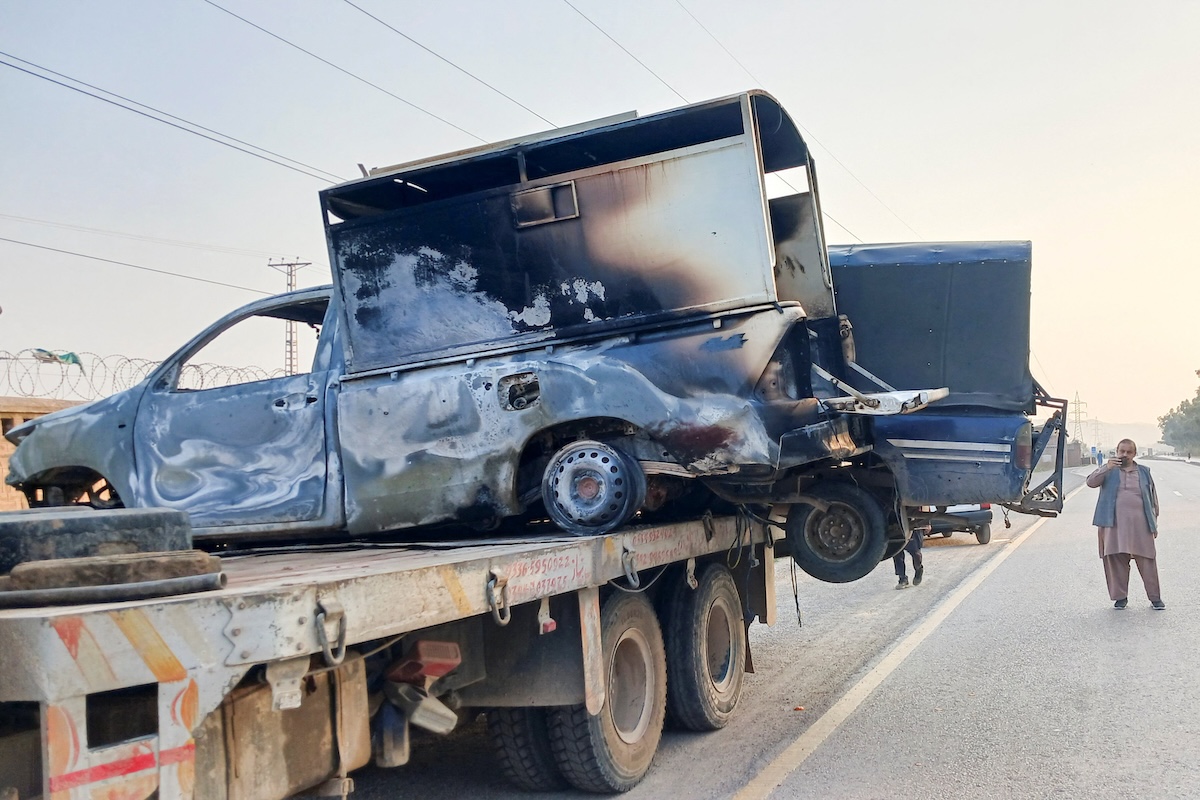 Above, damaged police vehicles being loaded on a truck after a militant attack in Kohat, in Khyber Pakhtunkhwa province, Pakistan on Feb. 24, 2026. (Reuters)