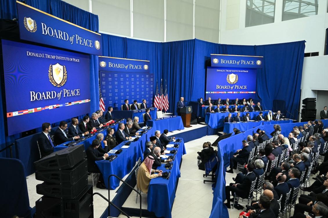 US President Donald Trump (C, at podium) delivers remarks during the inaugural meeting of the "Board of Peace" at the US Institute of Peace in Washington, DC, on February 19, 2026. (FILE/AFP)