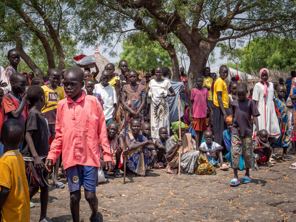 Internally displaced people gather at a church compound in Akobo, Jonglei state, South Sudan, Saturday, Feb. 21, 2026. (AP Photo/Florence Miettaux)