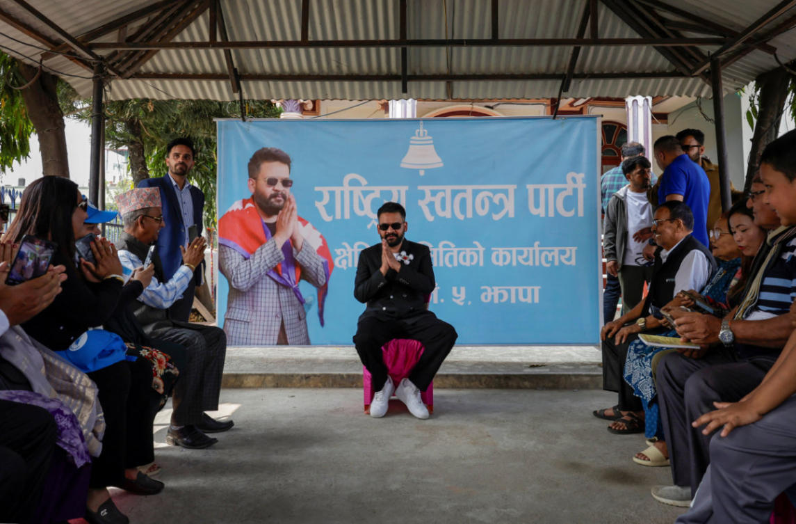 Balendra Shah, a rapper-turned-politician and the prime ministerial candidate for Rastriya Swatantra Party (RSP), interacts with locals ahead of Nepal's general election, at a RSP office in Damak in Jhapa district, in Nepal, on February 25, 2026. (REUTERS)