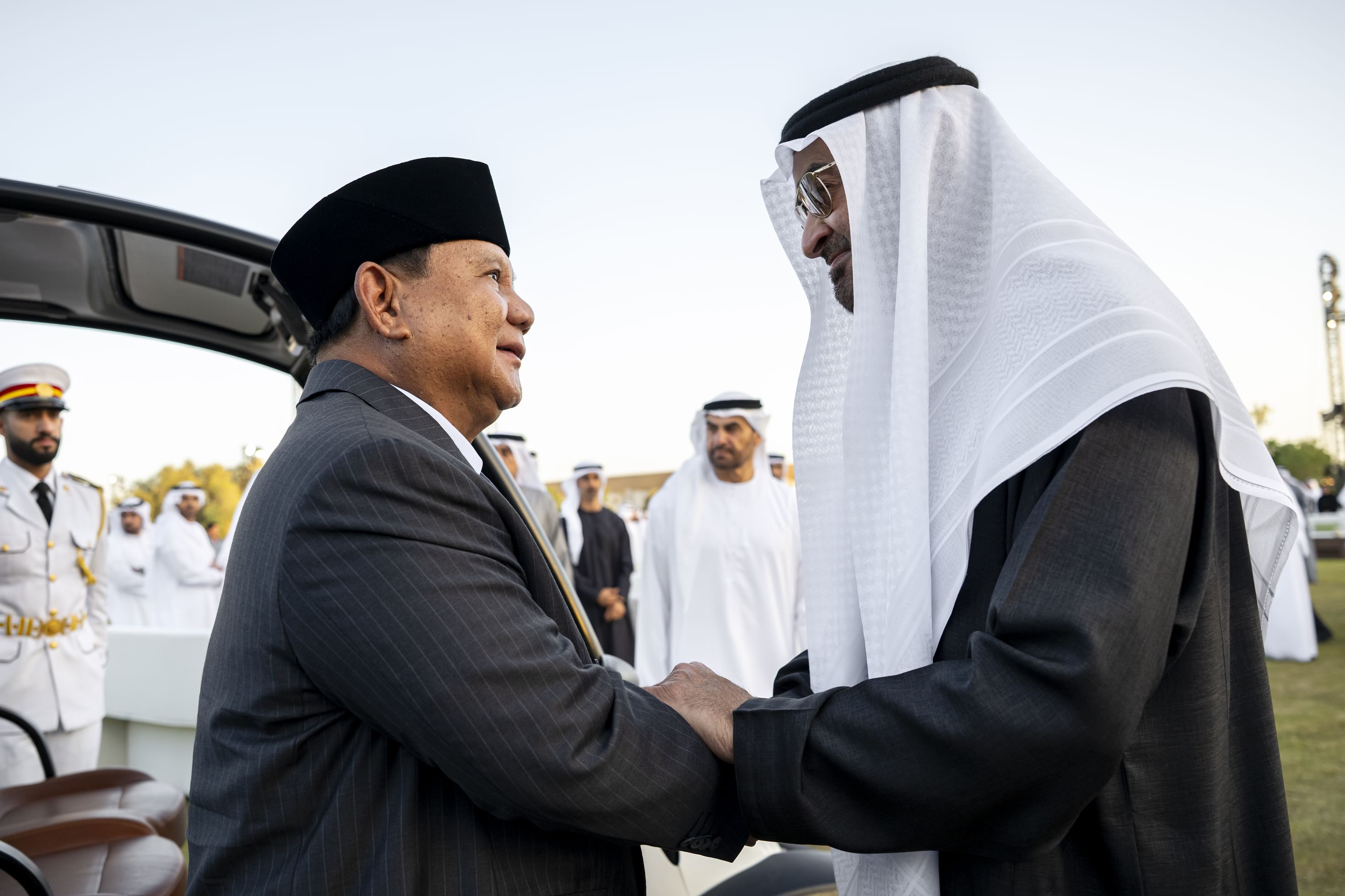 Indonesian President Prabowo Subianto and UAE President Sheikh Mohammed bin Zayed greet each other as they meet in Abu Dhabi on Feb. 26, 2026. (WAM)