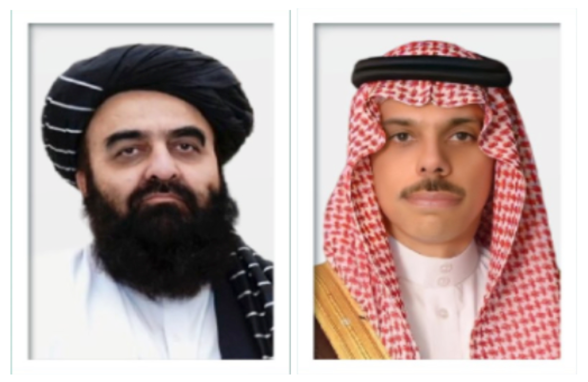 Prince Faisal bin Farhan (R) and Amir Khan Muttaqi. (SPA)
