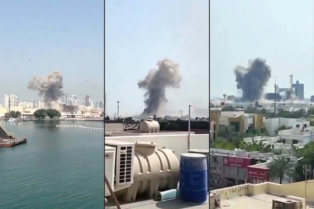 This combination of video grabs created on Feb. 28, 2026 and taken from UGC images posted on social media on the same day and verified by AFPTV teams in Paris, shows show the moment of a strike on a US base in Bahrain. (AFP)