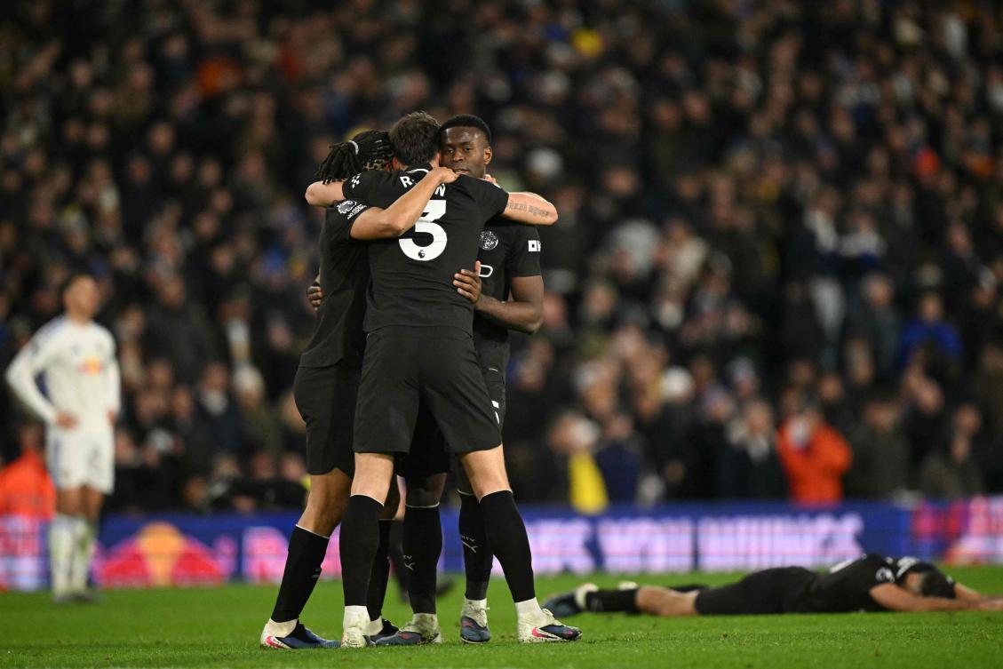 Players react on the final whistle in the English Premier League match between Leeds United and Manchester City at Elland Road in Leeds, northern England on Feb. 28, 2026. (AFP)