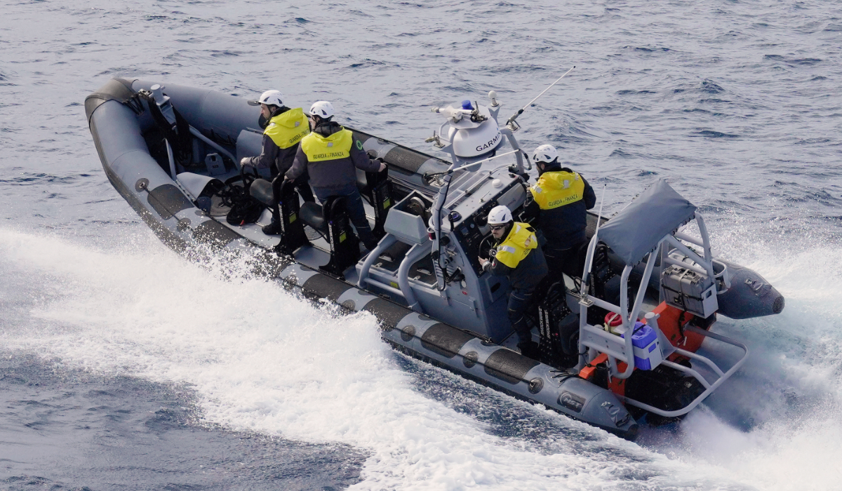 Frontex officers from the Italian Guardia Di Finanza OPV Osum patrol by speedboat the Aegean Sea near Heraklion, Crete Island, Greece, Monday, Feb. 16, 2026. (AP)