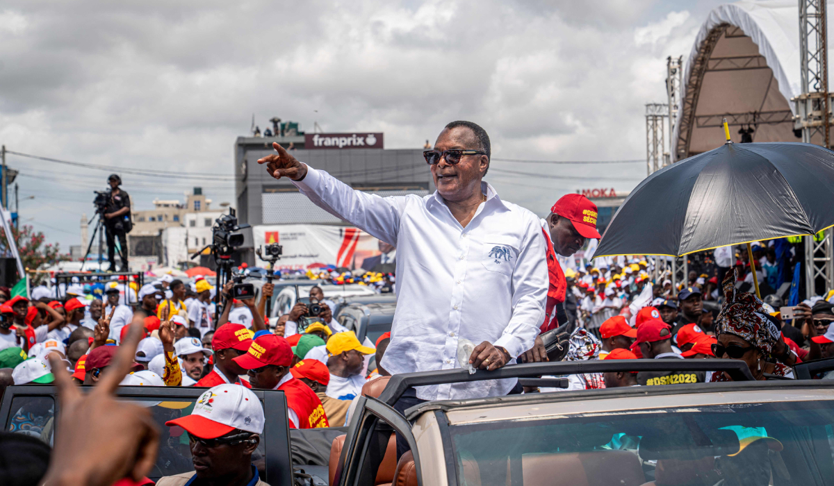 Republic of Congo’s incumbent President and presidential candidate for the ruling Congolese Labour Party (PCT), Denis Sassou Nguesso (C), reacts surrounded by supporters as he arrives for a rally launching his election campaign in Pointe-Noire on February 28, 2026. (AFP)