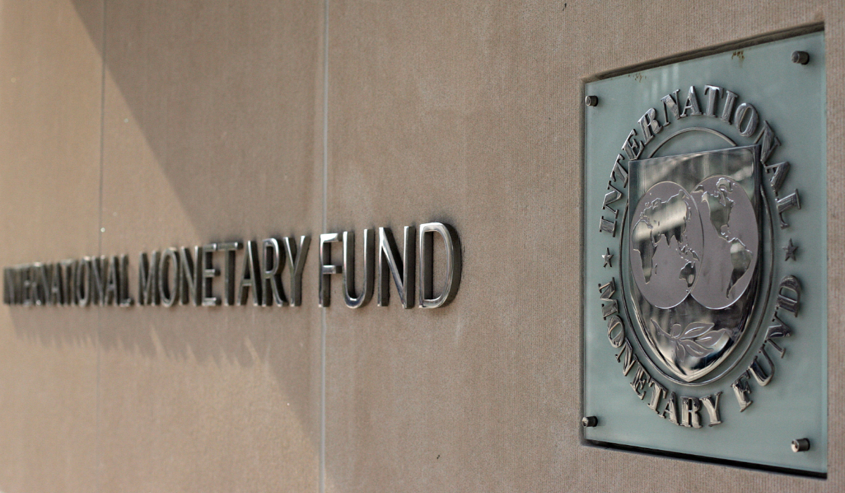 The International Monetary Fund logo is seen along Pennsylvania Avenue in Washington, DC. (AFP)