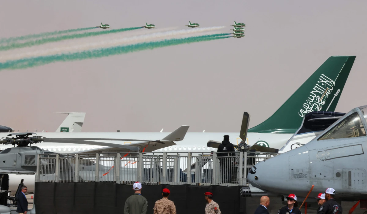 The Saudi Falcons aerobatic flight team performs at the 'World Defense Show 2024', in Riyadh on February 4, 2024. (AFP)