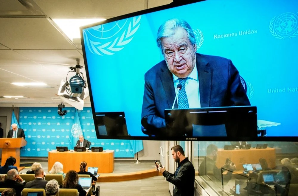 UN Secretary-General Antonio Guterres is seen on a screen as he speaks during a press conference outlining his priorities for 2026 at UN headquarters in New York City, US, Jan. 29, 2026. (Reuters)