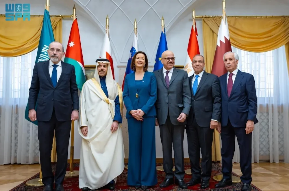Saudi Foreign Minister Prince Faisal bin Farhan held talks with Slovenia’s Deputy Prime Minister and Minister of Foreign and European Affairs Tanja Fajon in Ljubljana on Friday, as he joined Arab counterparts for an expanded meeting focused on Gaza and wider regional developments. (SPA)