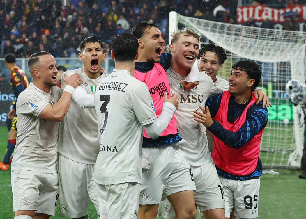 Napoli’s Rasmus Hojlund celebrates scoring their third goal with teammates during their Serie A match against Genoa — Stadio Comunale Luigi Ferraris, Genoa, Feb. 7, 2026. (Reuters)