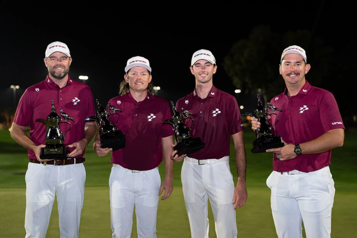 First place team champions, Marc Leishman, Captain Cameron Smith, Elvis Smylie and Lucas Herbert of Ripper GC pose with their trophies after the final round of the LIV Golf Riyadh on Saturday night. (LIV Golf)