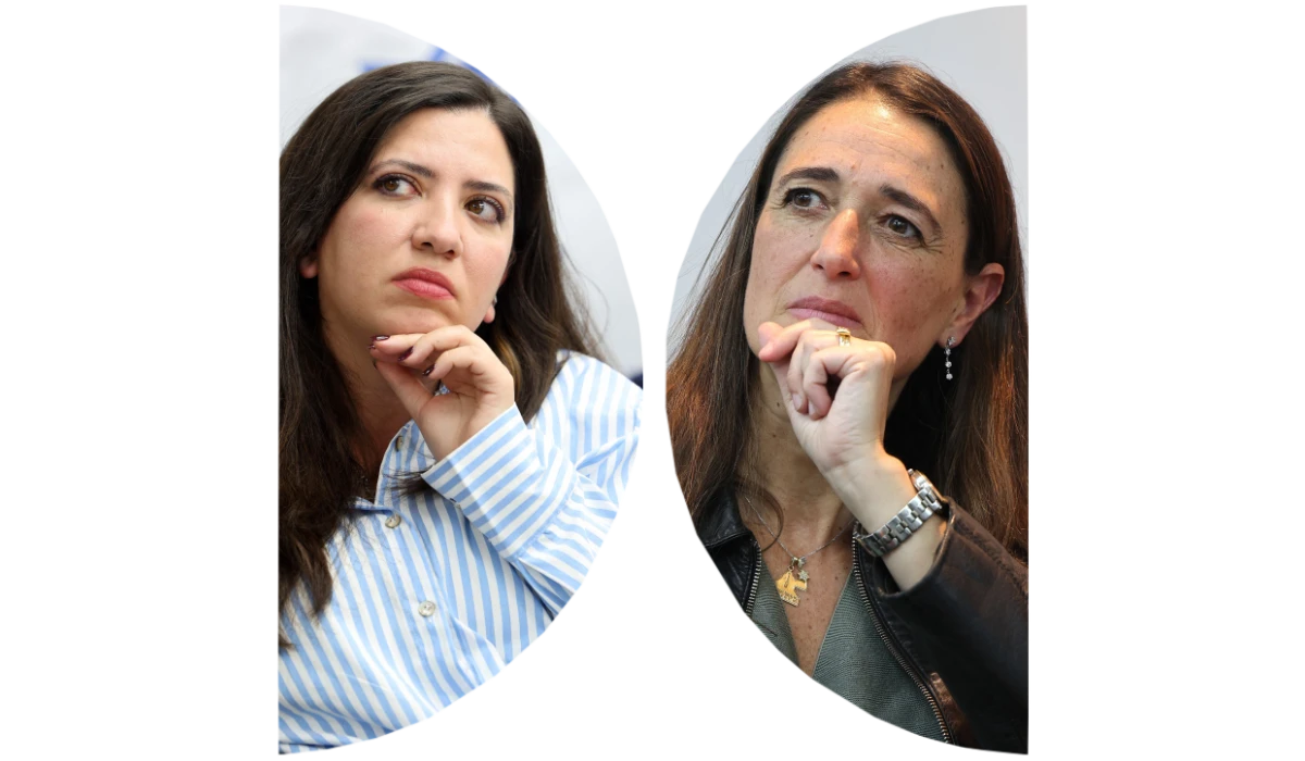 Rachel Touitou (L) and Nili Kupfer-Naouri during a press conference in Netanya on February 8, 2026. (AFP)