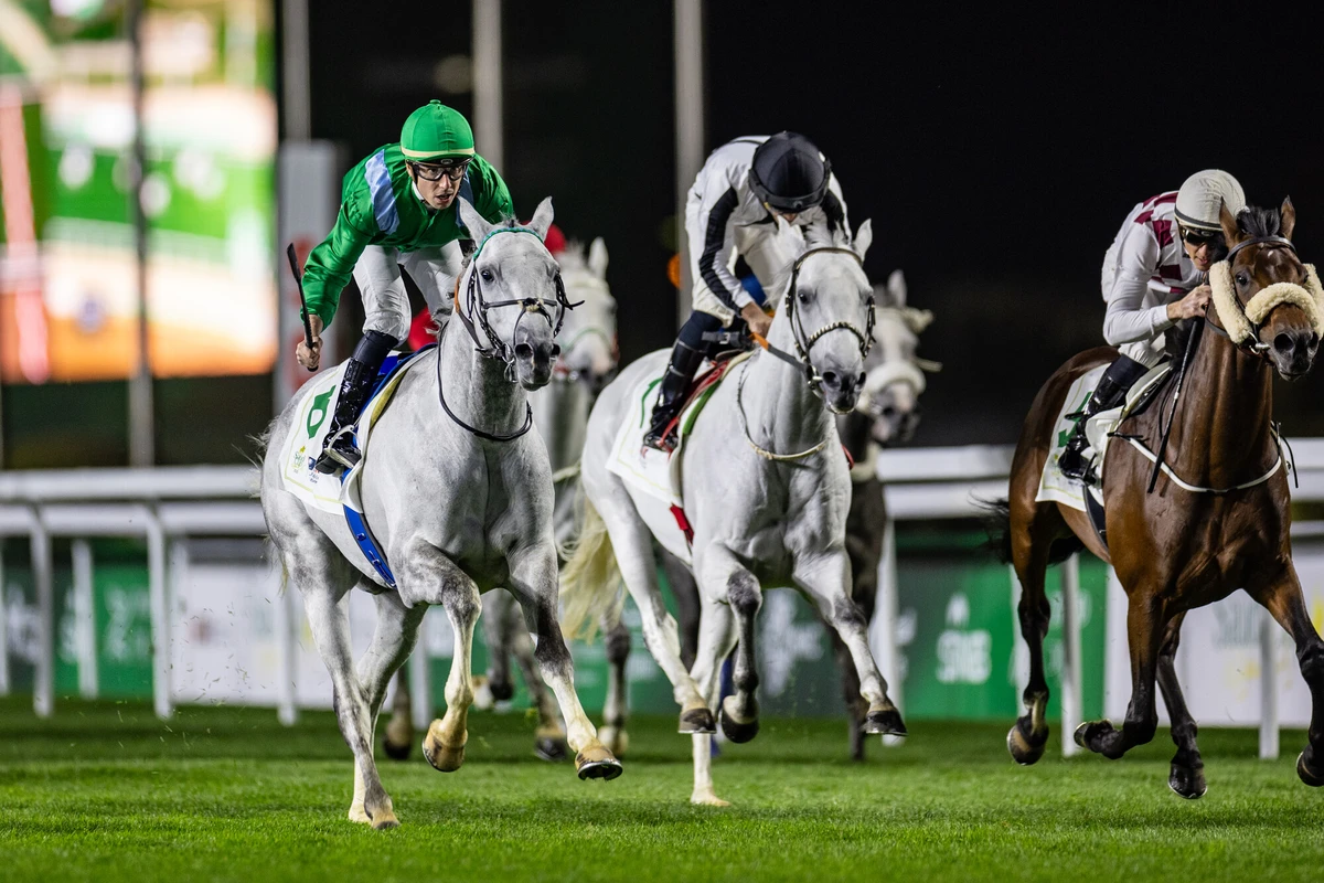 Nabucco Al Maury (right) finishes second in the 2025 G1 Al Mneefah Cup at King Abdulaziz Racecourse. (JCSA/Neville Hopwood)