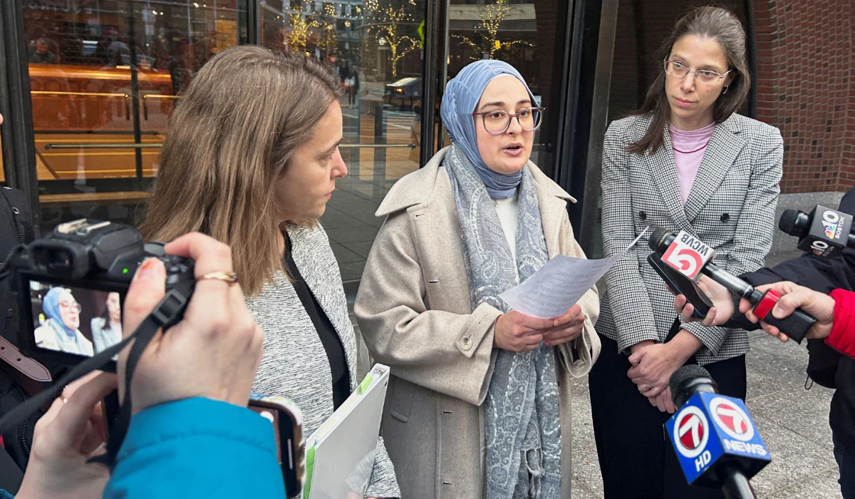 Rumeysa Ozturk, a Tufts University student from Turkey, speaks to reporters after urging a federal judge to order the Trump administration to restore her student visa record, outside the federal court in Boston, Massachusetts, U.S., December 4, 2025. (REUTERS)
