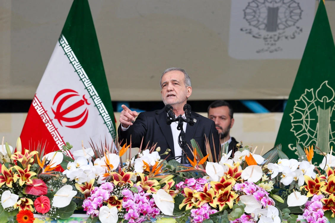 Iranian President Masoud Pezeshkian has insisted that his nation is ‘not seeking nuclear weapons’ during a speech commemorating the 47th anniversary of the Islamic Revolution in Tehran on Feb. 11, 2026. (WANA via Reuters)