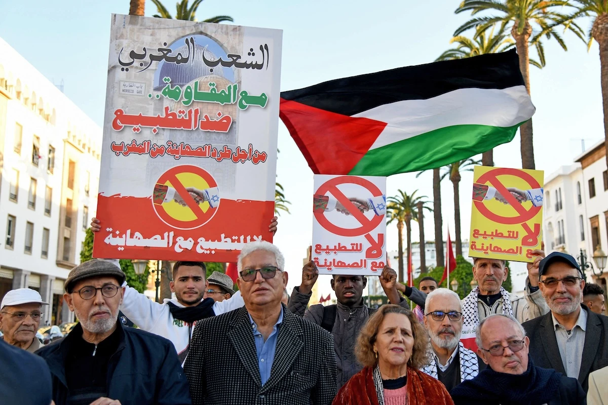 Moroccans protest outside Morocco's parliament in the capital Rabat, against the kingdom's normalisation of ties with Israel and in support of Palestinians, on November 29, 2022. (FILE/AFP)