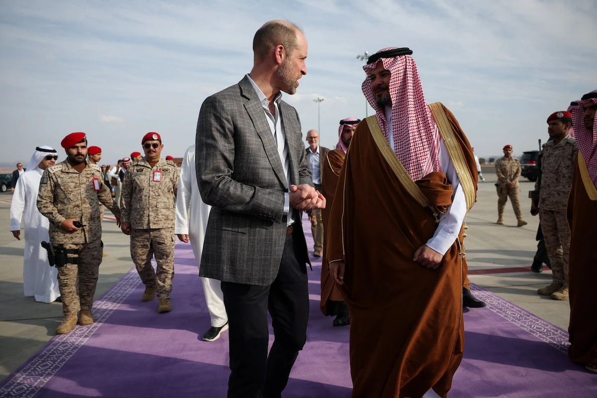 Britain’s Prince William is seen off at AlUla International Airport by Governor of the Madinah Region Prince Salman bin Sultan bin Abdulaziz. (Reuters)