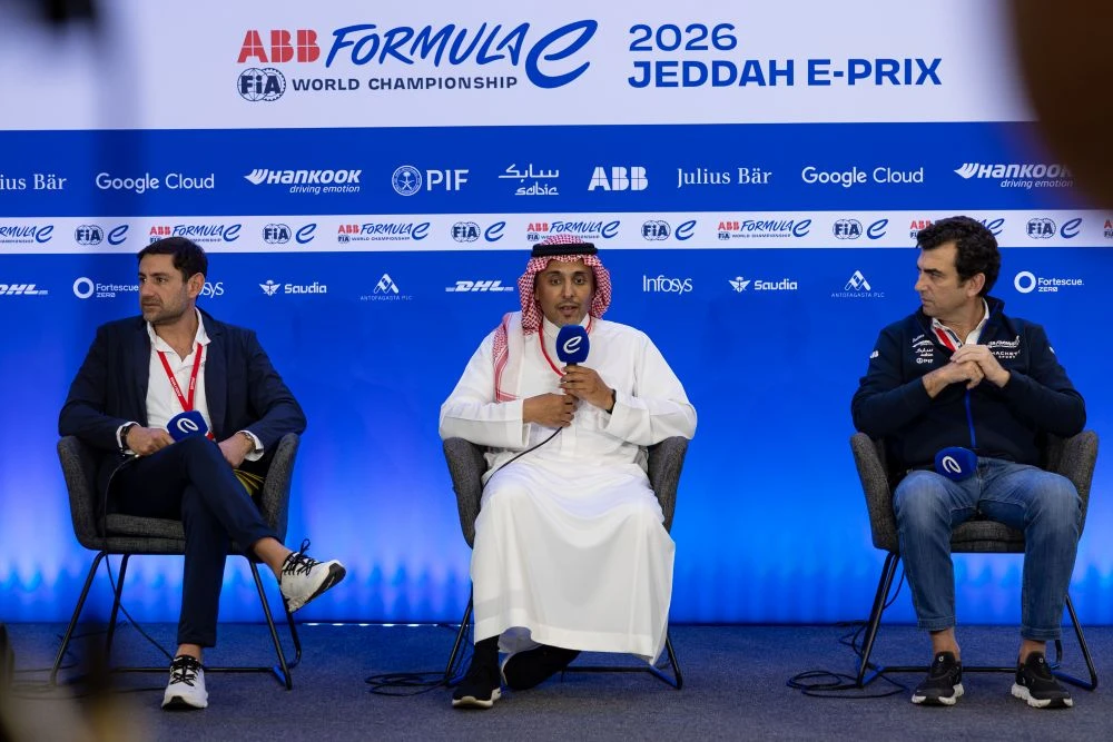Chairman of SAMF and the Saudi Motorsport Company (SMC) Prince Khalid bin Sultan Al-Abdullah Al-Faisal addresses the press ahead of the Jeddah E-Prix. (Supplied)