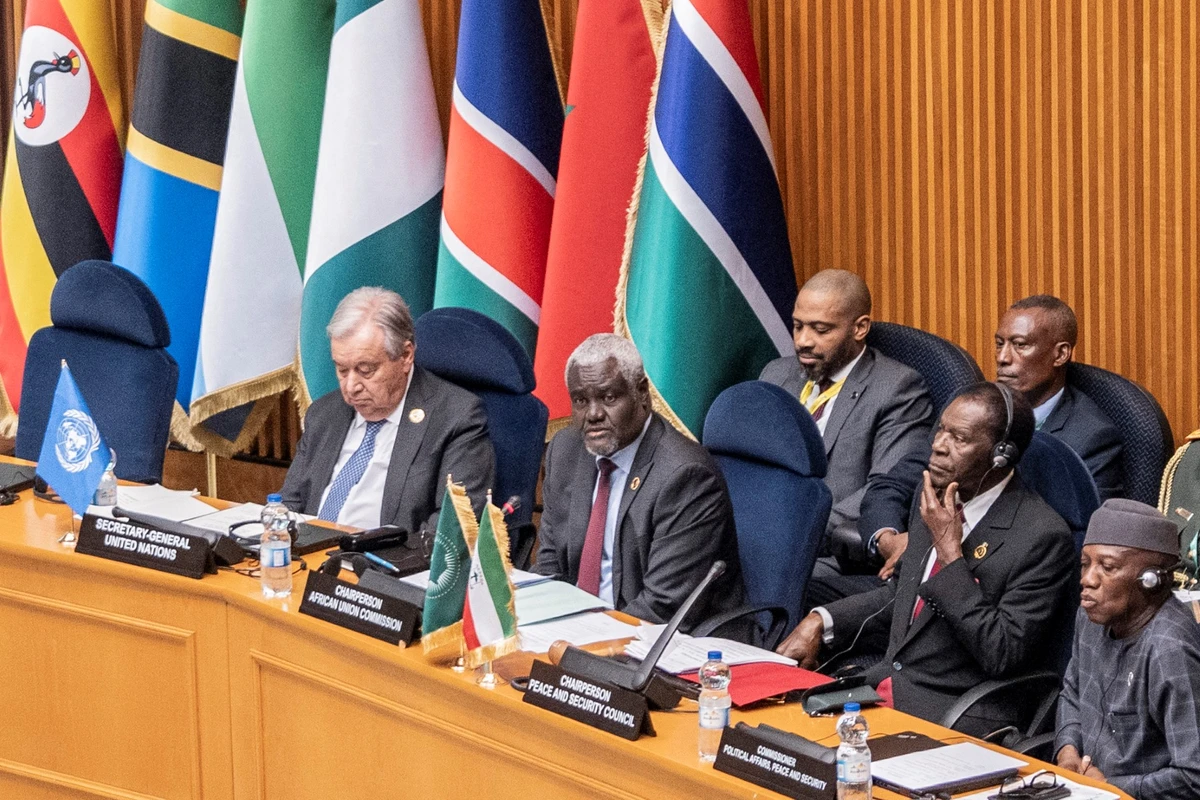 Secretary General of the United Nations Antonio Guterres, African Union Commission Chairperson Moussa Faki, Equatorial Guinea's President Teodoro Obiang Nguema Mbasogo and African Union (AU) Commissioner for Political Affairs, Peace and Security Bankole Adeoye attend the African Union (AU) Peace and Security Council meeting, on the Situation in Sudan and DR Congo, at the AU Headquarters in Addis Ababa, Ethiopia. (AFP)