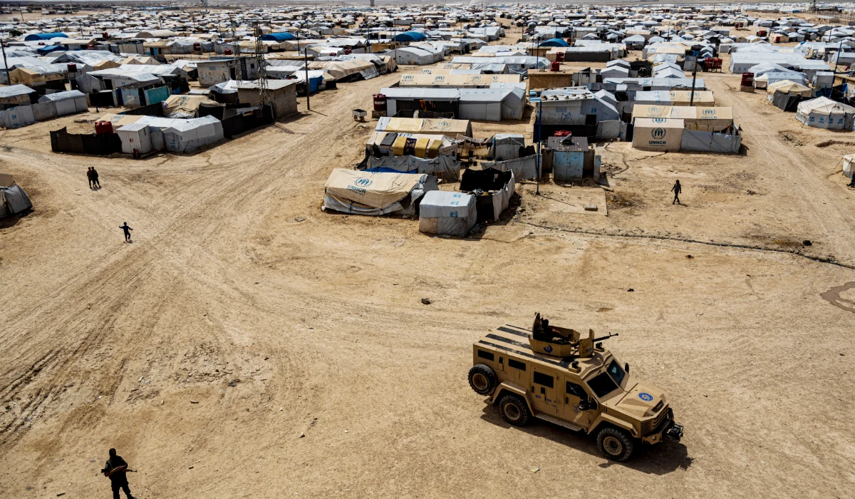 Kurdish forces patrol al-Hol camp, which houses families of members of the Islamic State group in Hasakeh province, Syria, on April 19, 2023. (AP file photo)