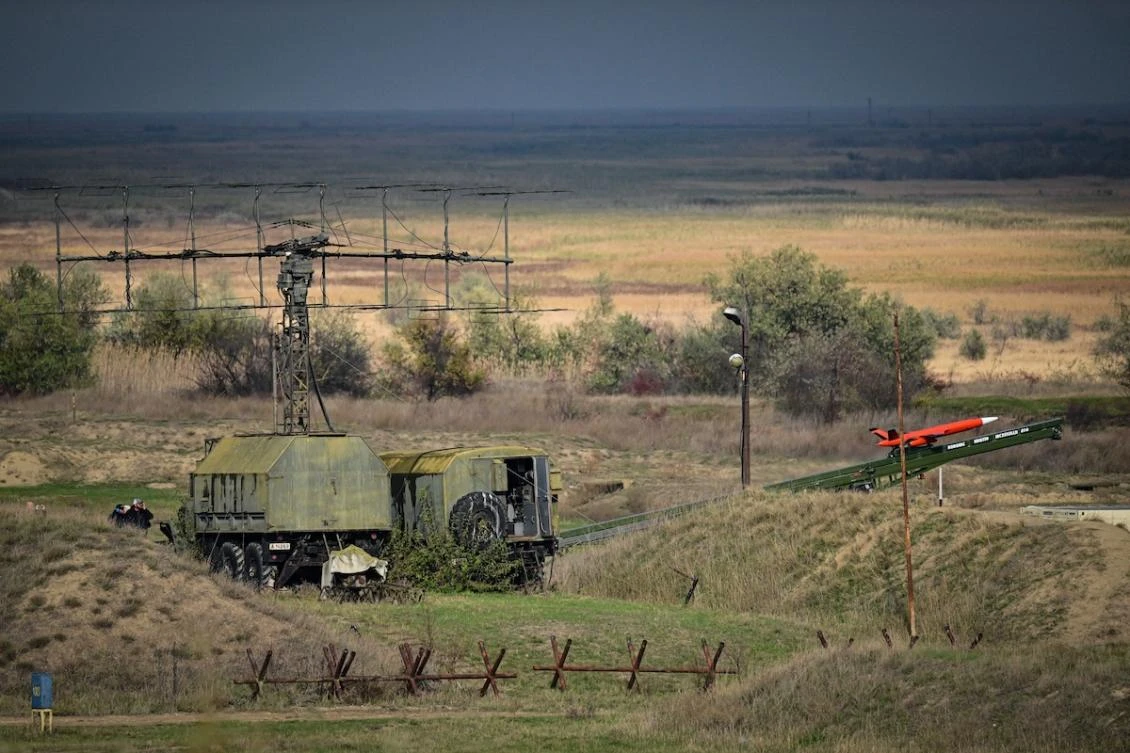 A drone is launched towards the Black Sea to be intercepted and destroyed by a Patriot rocket launcher system during an army drill at the Capu Midia military shooting range next to the Black Sea November 15, 2023. (FILE/AFP)
