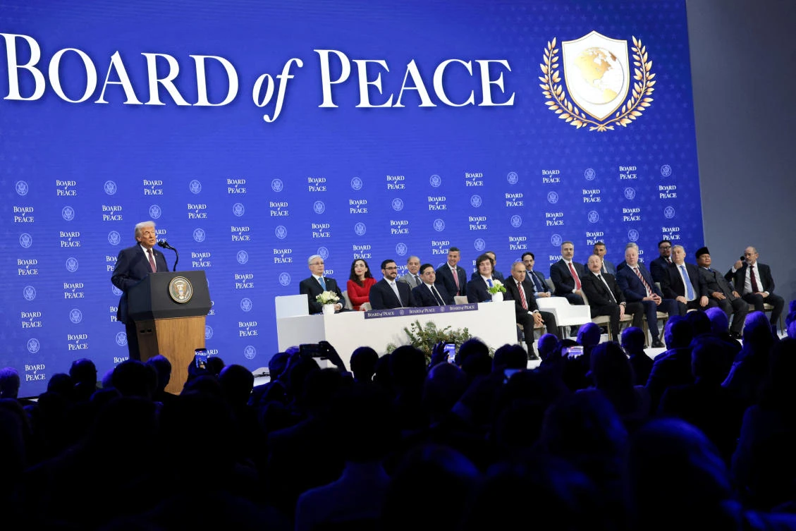 US President Donald Trump speaks during a charter announcement for his Board of Peace initiative aimed at resolving global conflicts, alongside the 56th annual World Economic Forum, in Davos, Switzerland, Jan. 22, 2026. (Reuters)