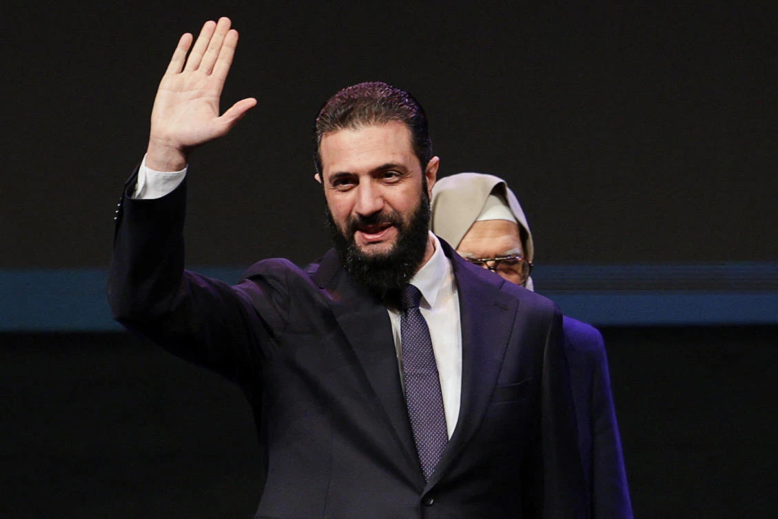 Syrian President Ahmad Al-Sharaa attends the Ministry of Awqaf conference titled "Unity of Islamic Discourse" at the Conference Palace in Damascus on Monday. (Reuters)