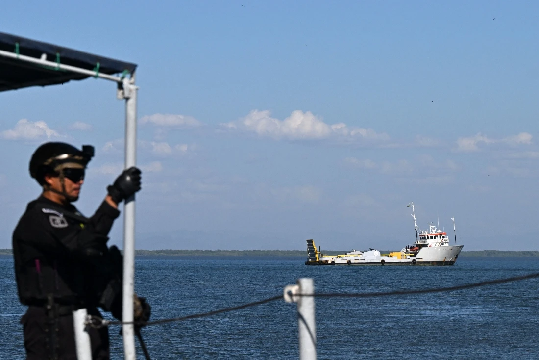 The vessel FMS Eagle, registered under the flag of Tanzania, from which El Salvador's Navy seized a shipment of cocaine, is seen offshore from the La Union Naval Base in El Salvador. (AFP)