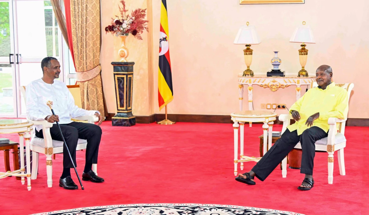 In this hand out picture courtesy of the Ugandan State House, Uganda’s President Yoweri Museveni (R) meets with Sudan’s Rapid Support Forces (RSF) military chief Mohamed Hamdan Dagalo Musa (L) during a bilateral meeting at State House in Entebbe on February 20, 2026. (AFP)